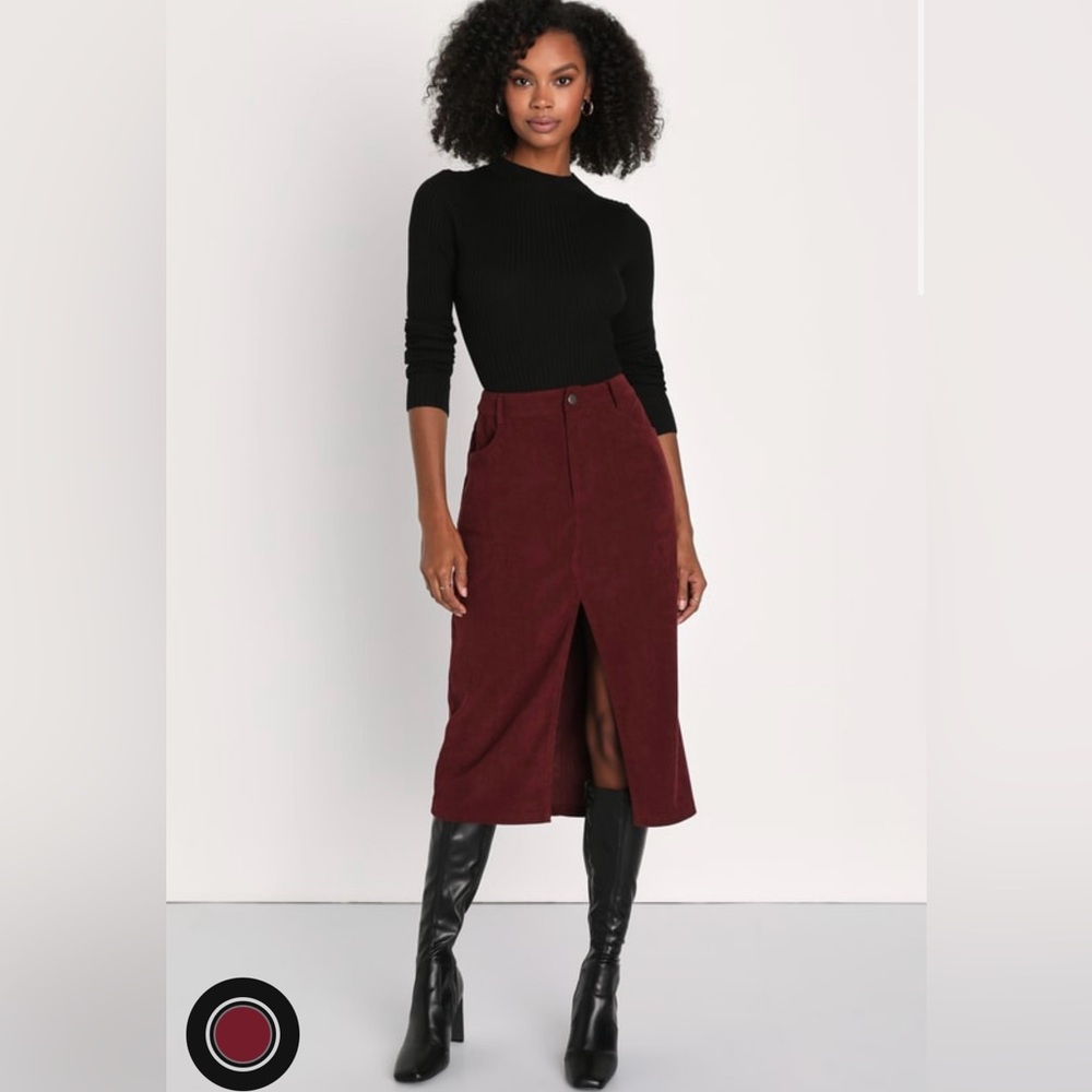 NWT Lulu’s Burgundy Corduroy Midi Skirt - Picture 1 of 10